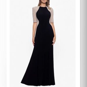 Caviar Beaded Mesh Short Sleeve Crew Neck Jersey Sheath Gown